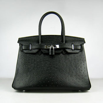 Hermes Birkin 30Cm Ostrich Stripe Handbags Black Silver